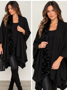 East 5th Black Draped Sweater Poncho with Faux-Fur Trim